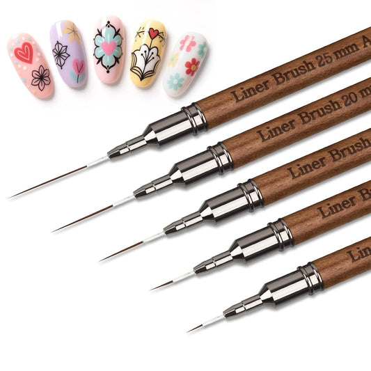 Artdone Wood Grain Nail Art Pens, Liner Brushes Set, 5PCS Brown Color Nail Tools For Long Lines, Thin Details, Fine Drawing, Liner Brush UV Gel Polish Painting Nail Design Sizes 5/12/13/20/25mm-BrightBean Baby