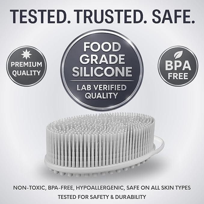 Avilana Silicone Body Scrubber – Gentle Shower Brush & Loofah Alternative- Food Grade & Lab Tested – Fast-Drying, Hygienic, BPA-Free Silicone Body Gentle Exfoliator (Light Gray, Massage)-BrightBean Baby