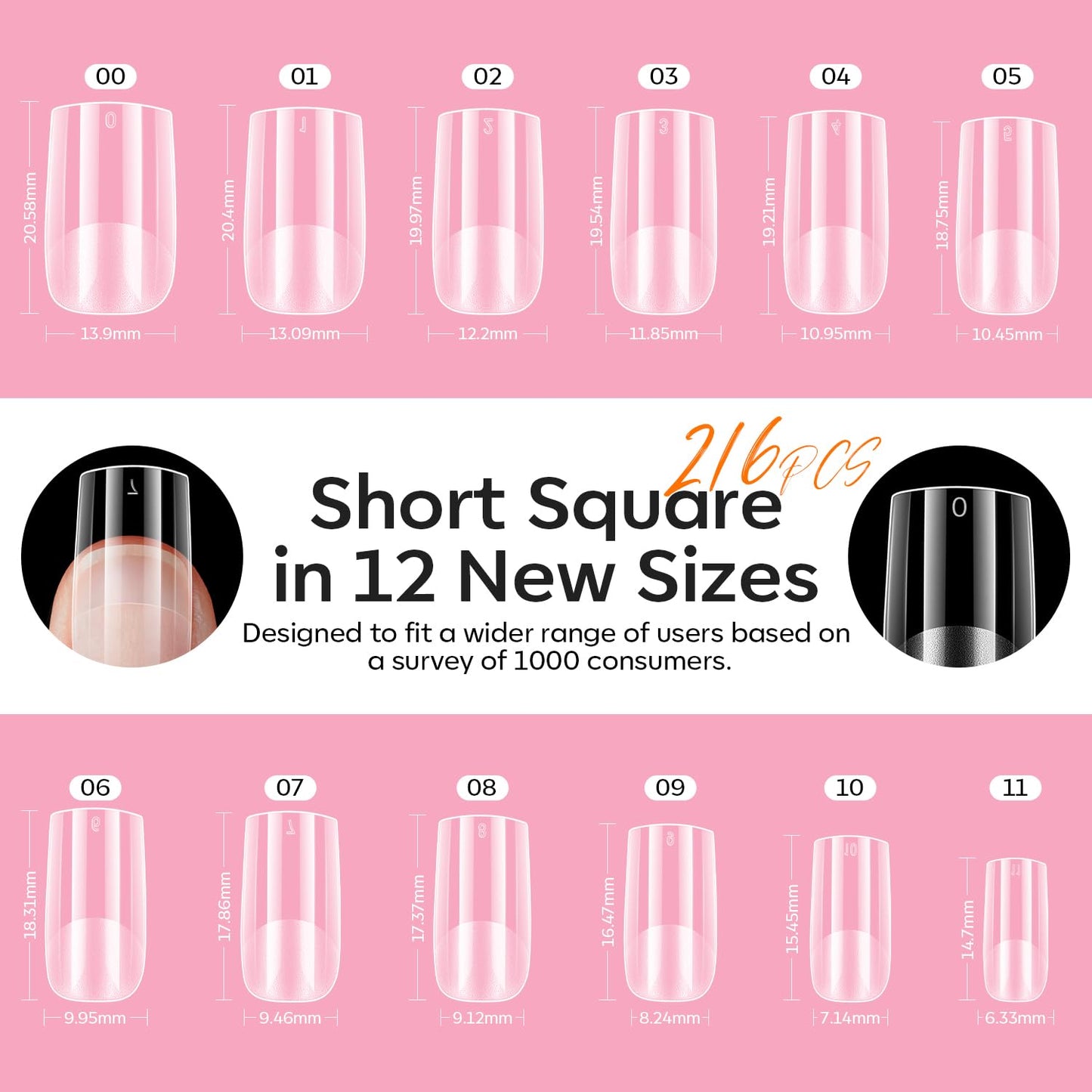 modelones Short Square Gel Nail Tips Kit, 9-in-One Nail Glue with Portable U V Lamp 216Pcs 12Sizes Pre-Etched Press ons Fake Acrylic Extension Kit DIY Salon Gift for Women-BrightBean Baby