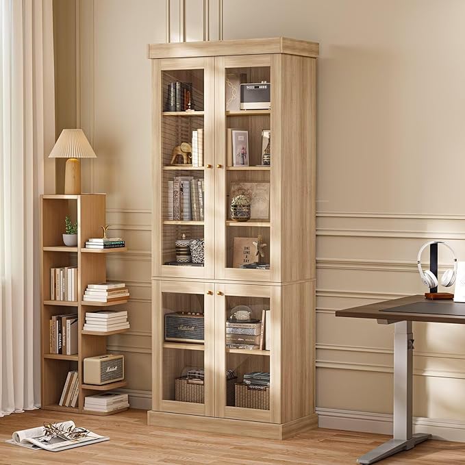 70.8" Tall Brown Bookshelf with Glass Doors, Farmhouse Modular Bookcase with 6-Tier Adjustable Shelves, Large Storage Cabinet for Home Office, Living Room, Set of 3