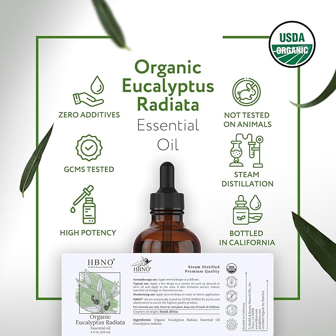 HBNO Organic Eucalyptus Radiata Essential Oil - 4 oz (120ml) - USDA Certified Organic Eucalyptus Radiata Essential Oil, Soap Making, DIY, Fragrances, Diffuser-BrightBean Baby