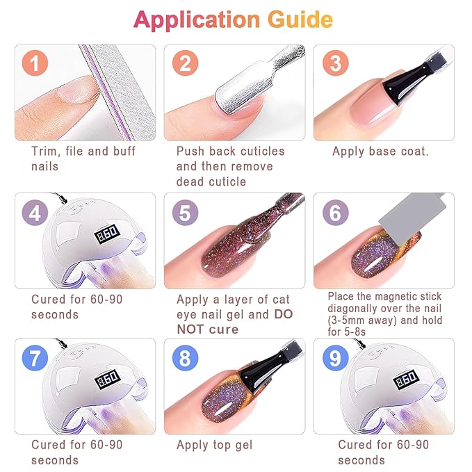 RARJSM 9D Chameleon Glass Cat Eye Gel Nail Polish Set 6Pcs Pink Purple Blue Green Yellow Multi Color Cateye Galaxy Shimmer Gradient Effect with Magnetic Stick UV LED Curing Require Home Salon-BrightBean Baby