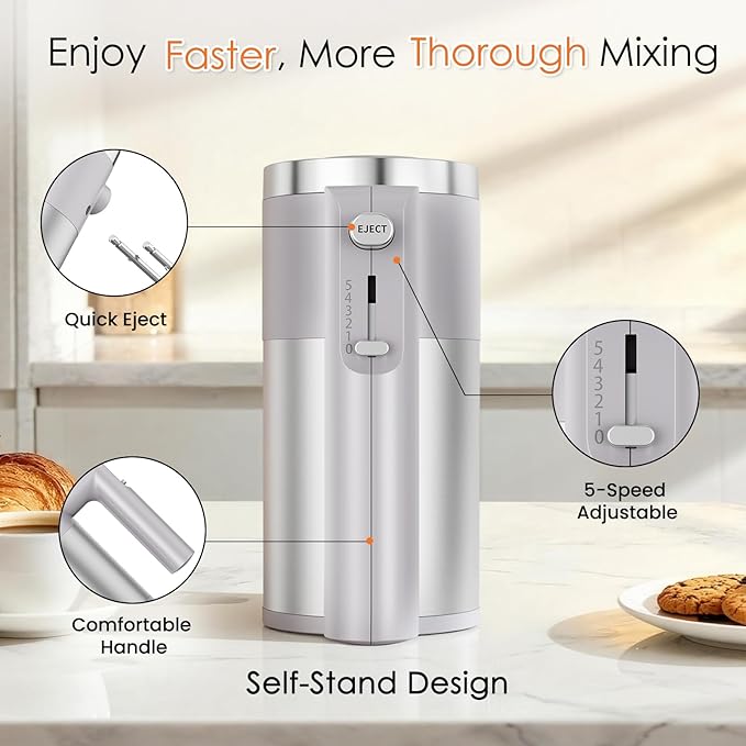 Powerful 600W Hand Mixer, 5-Speed Electric Hand Held Mixer for Baking, Lightweight Stainless Steel Hand Beaters *2 & Dough Hooks*2 with Eject Button, Kitchen Mixer for Cream, Cookies, Dough-Grey