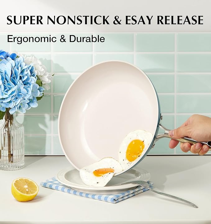 KOCH SYSTEME CS Nonstick Frying Pan with Lid, 10 Inch Non Stick Skillet with Stay-Cool Stainless Steel Handle, Omelet Pan with Nonstick Ceramic Coating, PFOA Free, Dishwasher & Oven Safe, Blue