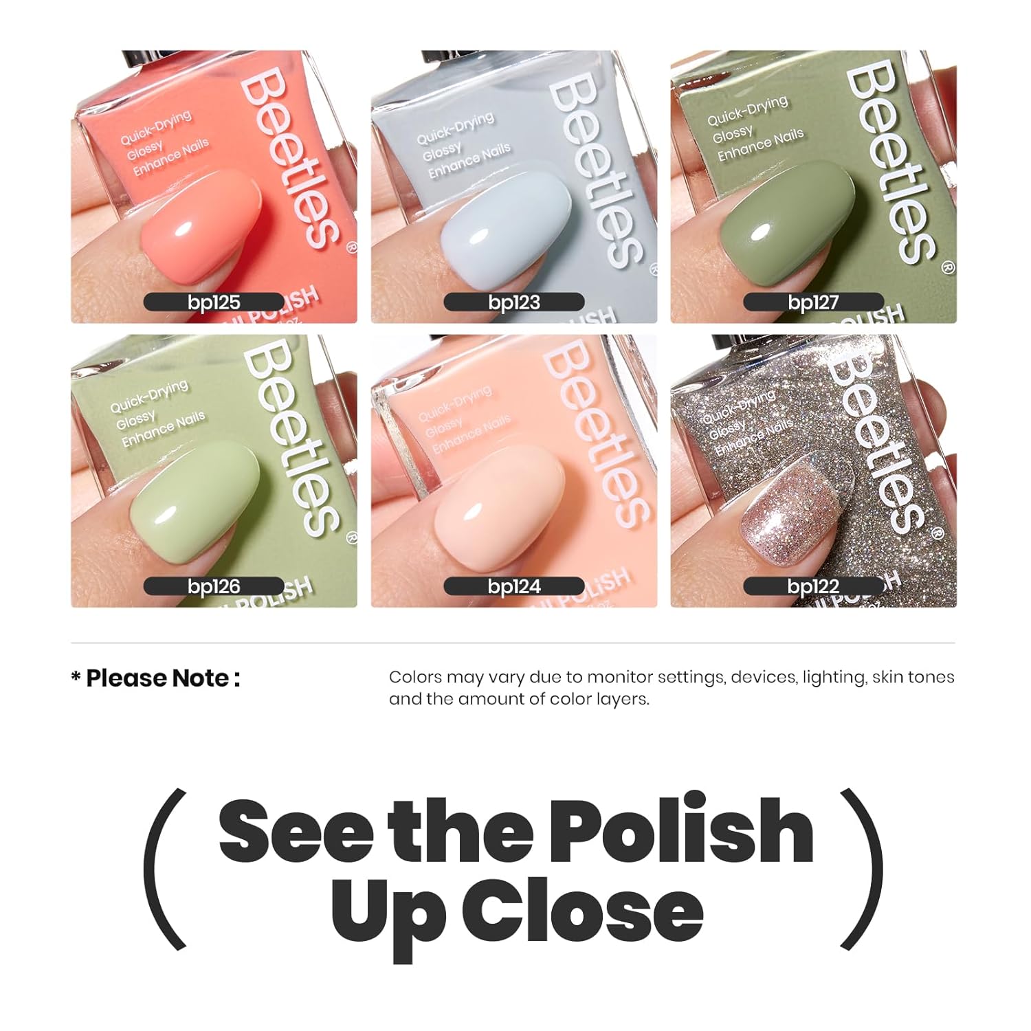 Beetles Nail Polish Set P176, 6 Colors Glitter Green Nude Natrual Pink Nail Lacquer Fast Drying & Long Lasting Finger Fall Nail Polish Glitter Effect for DIY Nail Art Salon at Home Gifts for Women-BrightBean Baby