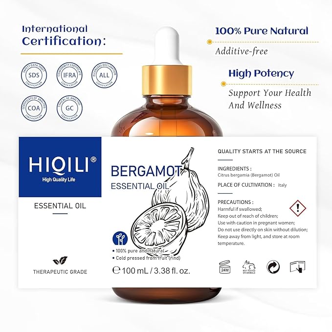 HIQILI Bergamot Essential Oil for Diffuser, Skin, Hair, DIY, 100% Pure & Natural - 3.38 Fl Oz (100 mL)-BrightBean Baby