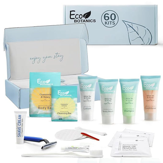 Eco Botanics Amenity & Accessory Kit | 0.85 oz Travel Size Shampoo, Conditioner, Lotion, Body Wash, Soap Bar, Shave & Dental Sets, Make-Up Remover Wipes, & Vanity Kit | 60 sets per case-BrightBean Baby