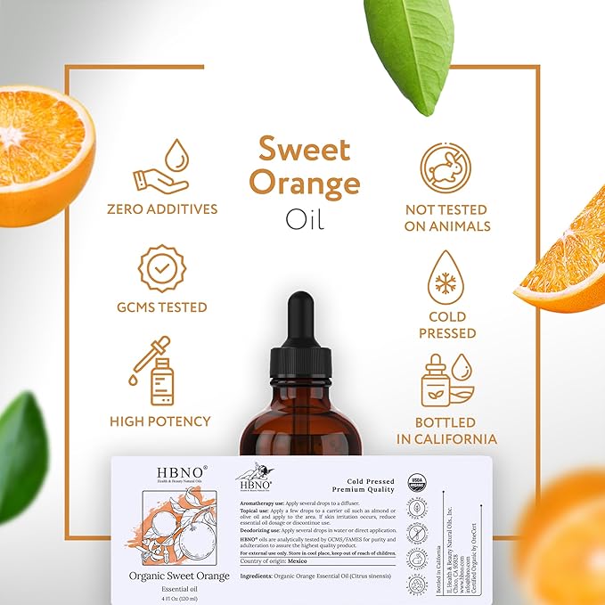 HBNO Organic Orange Essential Oil - Huge 4 oz (120ml) Value Size - USDA Certified Organic Orange Essential Oil, Cold Pressed for Aromatherapy, Soap Making, DIY, Diffuser-BrightBean Baby