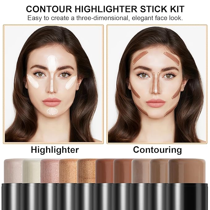 2Pcs Cream Contour Stick Makeup Kit, Cream Highlighter Stick and Bronzer Contour Stick with Longwear Waterproof Formula for Brightening and Trimming the Cheeks, Makeup Brush Include (#01, 06)-BrightBean Baby