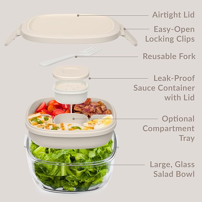 Bentgo Glass All-in-One Salad Container - Large 61-oz Salad Bowl with Lid, 4-Compartment Bento-Style Tray, 3-oz Sauce Container, & Reusable Fork - Dishwasher, Microwave, & Oven Safe (White Stone Tan)