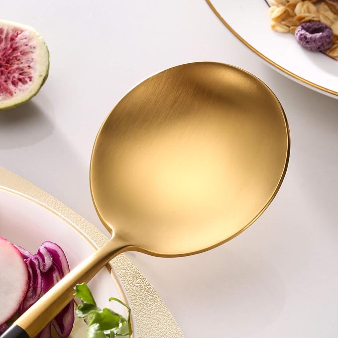 Lemeya Black Gold Salad Serving Utensils, Stainless Steel Spoons, 2Pcs Long Handle Servers 11.42 Inch, Matte Finish, Dishwasher Safe