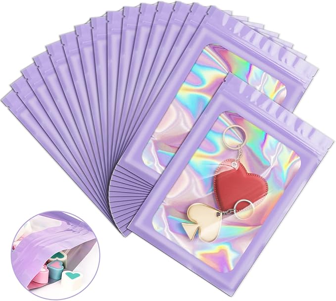 100 Pack Holographic Bags, Packaging Bags, Clear Window Resealable Odor Foil Pouch Bag for Food Storage and Lipgloss, Jewelry Lash (Purple, 4 x 6 Inch)-BrightBean Baby
