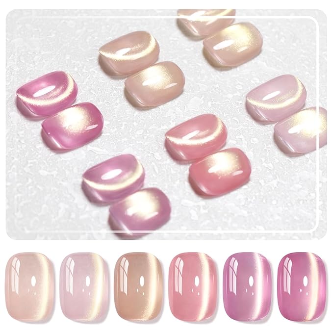 RARJSM Jelly Nude Gold Glitter Cat Eye Gel Nail Polish Set 6Pcs Sheer Pink Light Purple Champagne Mavue Brown Diamond Cateye Gelpolish with Magnetic Stick UV LED Curing Require Home Salon Nail Design-BrightBean Baby