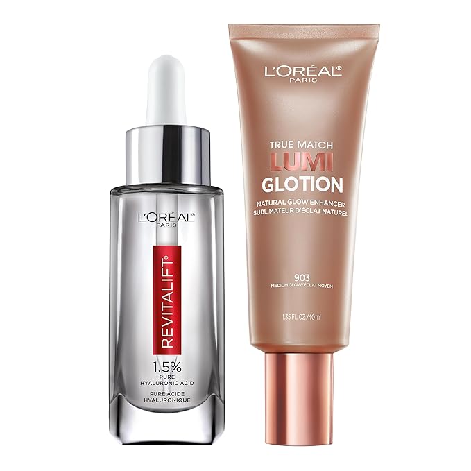 L'Oreal Paris Revitalift 1.5% Pure Hyaluronic Acid Face Serum 1.0 oz + True Match Lumi Glotion Natural Glow Enhancer Lotion, Medium 1.35 fl. oz, 1 kit-BrightBean Baby