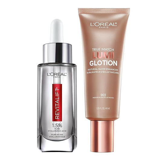 L'Oreal Paris Revitalift 1.5% Pure Hyaluronic Acid Face Serum 1.0 oz + True Match Lumi Glotion Natural Glow Enhancer Lotion, Medium 1.35 fl. oz, 1 kit-BrightBean Baby