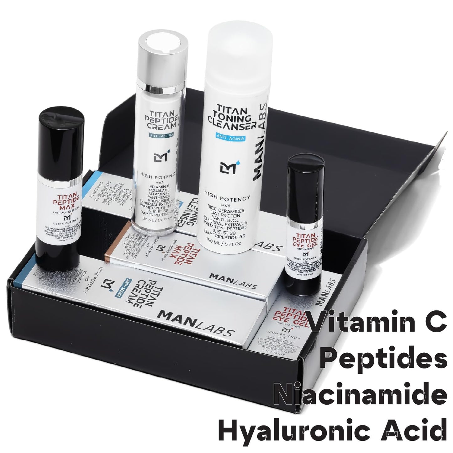 Titan Oscar Anti-Aging Mens Skin Care Kit – Wash, Face Serum, Eye Cream, Mens Face Moisturizer – Men, Skin Care Set – Dark Circles, Wrinkles, Fine Lines – Vitamin C, Peptides, Niacinamide, HA-BrightBean Baby