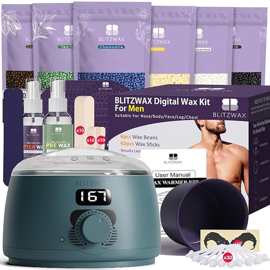 BLITZWAX Back and Nose Waxing Kit for Men, Hard Wax Warmer for Brazilian, Body and Face, At Home Hair Removal Kit, Beginner Friendly, Quick Heating, 93 Accessories, Blue Spruce-BrightBean Baby