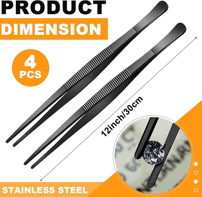 Yaomiao 4 Packs Bar Tweezers Long Garnish Tongs Bar Tweezers Stainless Steel Korean Bbq Tongs for Bartender Cocktail Cooking Food (Black,12 Inch)