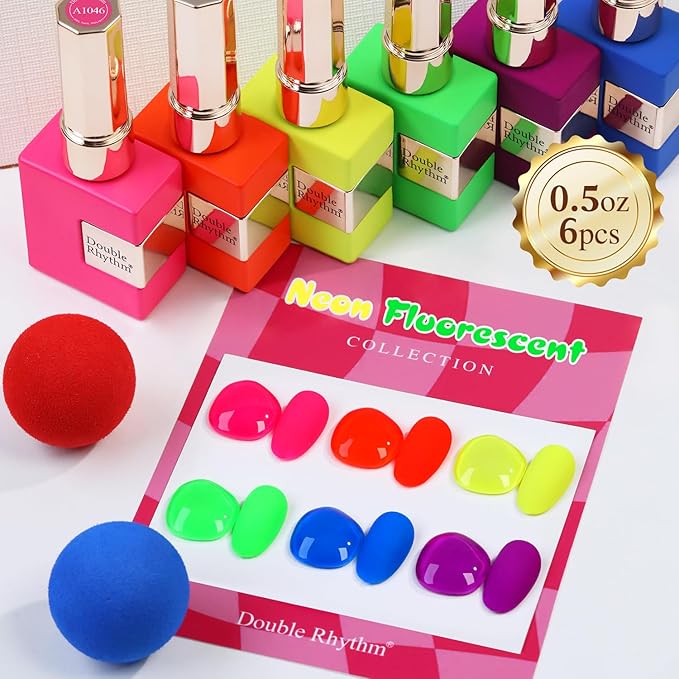 Double Rhythm 6 Pcs 15 ML Gel Polish Set Same Color Same Bottle Soak Off Gel Polish Kit Nail Art Manicure Salon DIY at Home for Women (Neon Green Red Pink Blue Purple-T6-12)-BrightBean Baby
