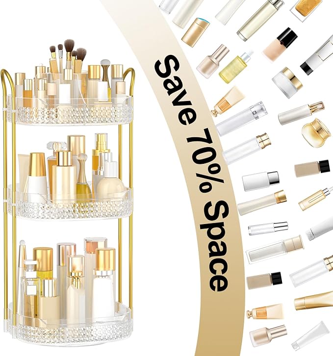 Rotating Makeup Organizer for Vanity 3 Tier, Perfume Organizer with Makeup Brush Holder, Large Capacity Cosmetics Clear Skincare Organizer for Countertop (Transparent)-BrightBean Baby