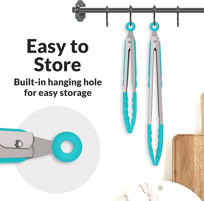 Zulay Stainless Steel Kitchen Tongs with Silicone Tips - Set of 2 (9” & 12”) Locking Cooking Tongs with Non-Slip Grip - Heat Resistant, BBQ Food Tongs for Non-Stick Cooking Pans (Silver/Aqua Sky)