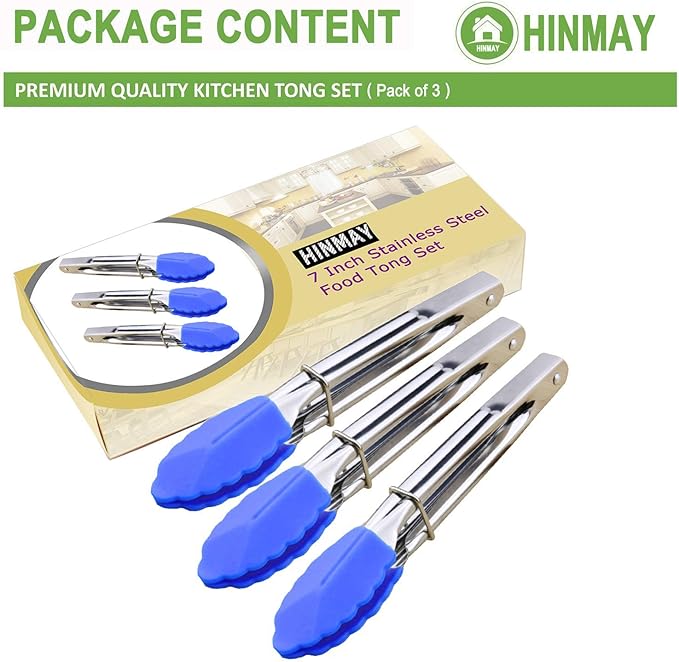 Small Tongs with Silicone Tips 7-Inch Serving Tongs, Set of 3 (Blue)