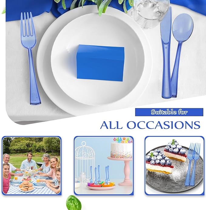 Minatee 150 Pieces Disposable Cutlery Set Plastic Silverware Heavy Duty Utensil Sets 50 Forks 50 Knives 50 Spoons for Home Office School Party Picnics Restaurant Outdoor Events(Blue)