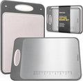 2 Pack Double Sided Stainless Steel Cutting Board Set - 16x11" + 14x9" - Non Slip Chopping Boards for kitchen with Deep Juice Groove, Built-In Measurement Scale, Garlic Grater, & Easy to Clean