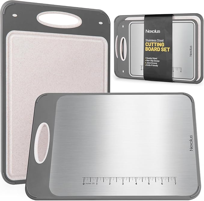 2 Pack Double Sided Stainless Steel Cutting Board Set - 16x11" + 14x9" - Non Slip Chopping Boards for kitchen with Deep Juice Groove, Built-In Measurement Scale, Garlic Grater, & Easy to Clean