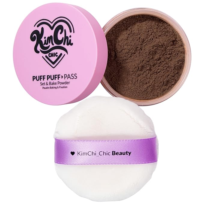 Kimchi Chic Beauty Puff Puff Pass Set and Bake Powder, Loose Face Powder with Extra Fluffy Setting Powder Puff, Soft Brown Face Makeup for Uneven Skin Tone, 08 Chocolate-BrightBean Baby