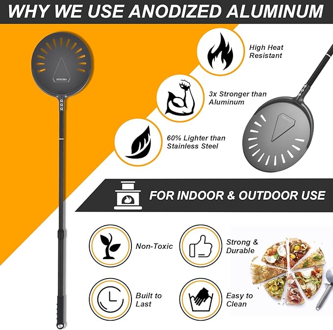 Turning Pizza Peel, 9 Inch with 38 Inch Handle Round Pizza Turning Peel, Professional Anodized Aluminum Turning Pizza Spatula, 47 Inch overall