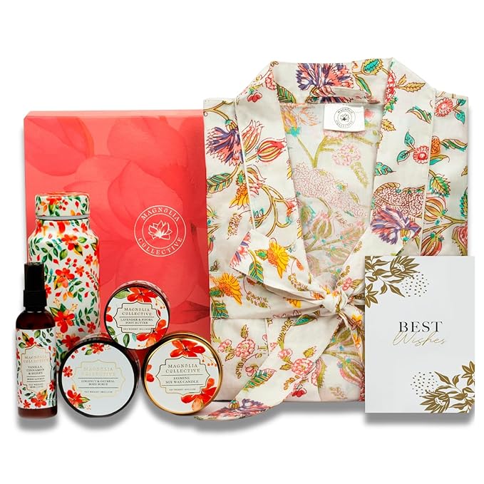 Spa Gift Set with Robe - 7 pc for New Mothers Postpartum Moms & Expecting- Luxurious Gift Set w Jasmine Candle Honey Lotion Coconut Oatmeal Body Scrub - All-Natural for Self-Care. Push present.-BrightBean Baby