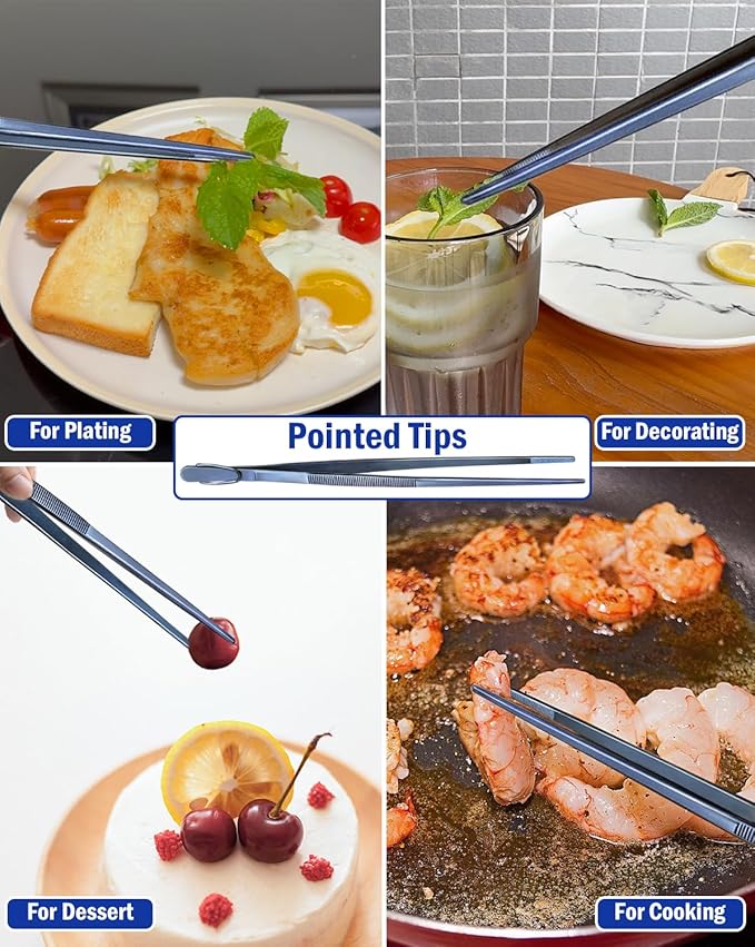 JETKONG 4 Pcs Kitchen Tweezers, 12'' and 10'' Stainless Steel Cooking Tweezers Set, High-Precision Tweezers Tongs for Cooking, Repairing, Seafood and BBQ (Blue)