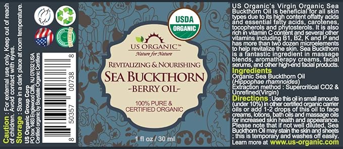 US Organic Sea Buckthorn Berry (Fruit) Oil, Supercritical CO2 extracted, USDA Certified Organic,100% Pure Virgin, Unrefined in Amber Glass Bottle, Face, Hair, spot Treatment, Anti Aging, 1 oz (30 ml)-BrightBean Baby