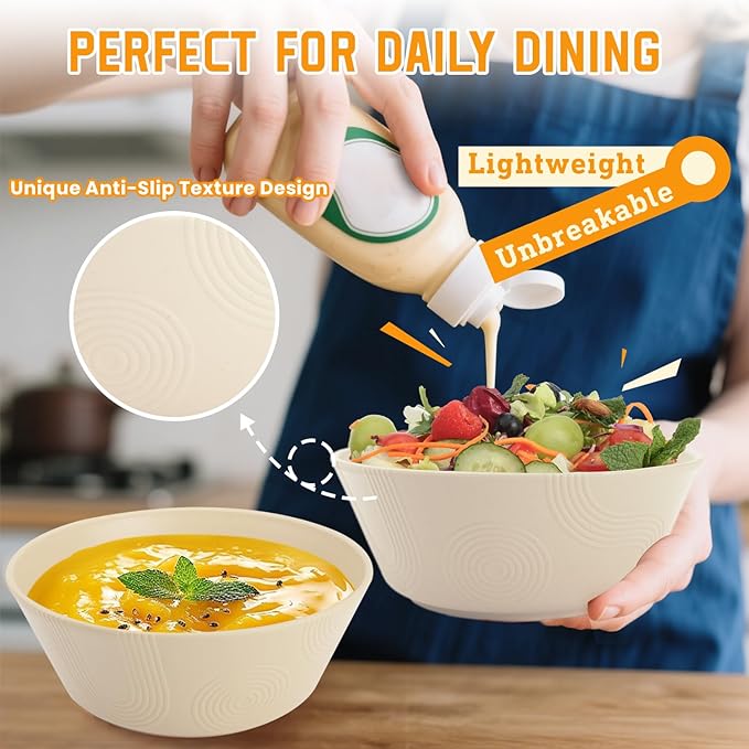 Homienly Cereal Bowl - Wheat Straw Bowls 6 PCS | Microwave & Dishwasher Safe | Patented Textured for Secure Grip| Ideal for Cereal, Soup, Salad - Versatile Dining Alternative to Plastic Bowls(Beige)