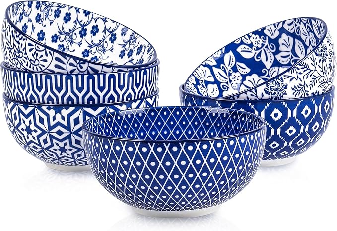 Selamica Ceramic Cereal Bowls Set of 6, 24 Oz Deep Soup Bowls for Kitchen, 5.9 Inch Porcelain Dessert Bowls for Salad, Pasta, Oatmeal, Ramen, Microwave Dishwasher Safe, Set of 6, Vintage Blue