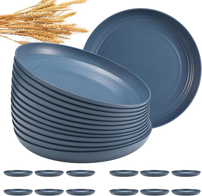 12 Pcs Unbreakable Deep Dinner Plates Set, 9 inch Reusable Plastic Wheat Straw Plates, Microwave and Dishwasher Safe Plate for Kitchen, Lightweight Plate for Dessert, BPA Free, Dark Blue
