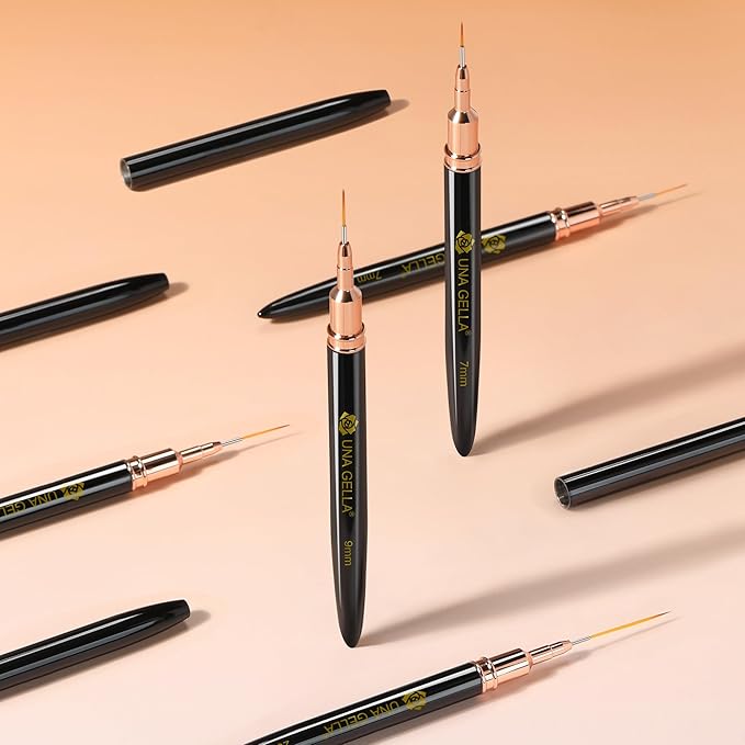 UNA GELLA Metallic Nail Art Brushes, Liner Pens Set 5Pcs Black Color For Nail Art Gel Polish - Thin Detail Nail Art Design Painting Brush Set For Nails Gel Fine Drawing Nail Tools Sizes 7/9/11/15/25mm-BrightBean Baby