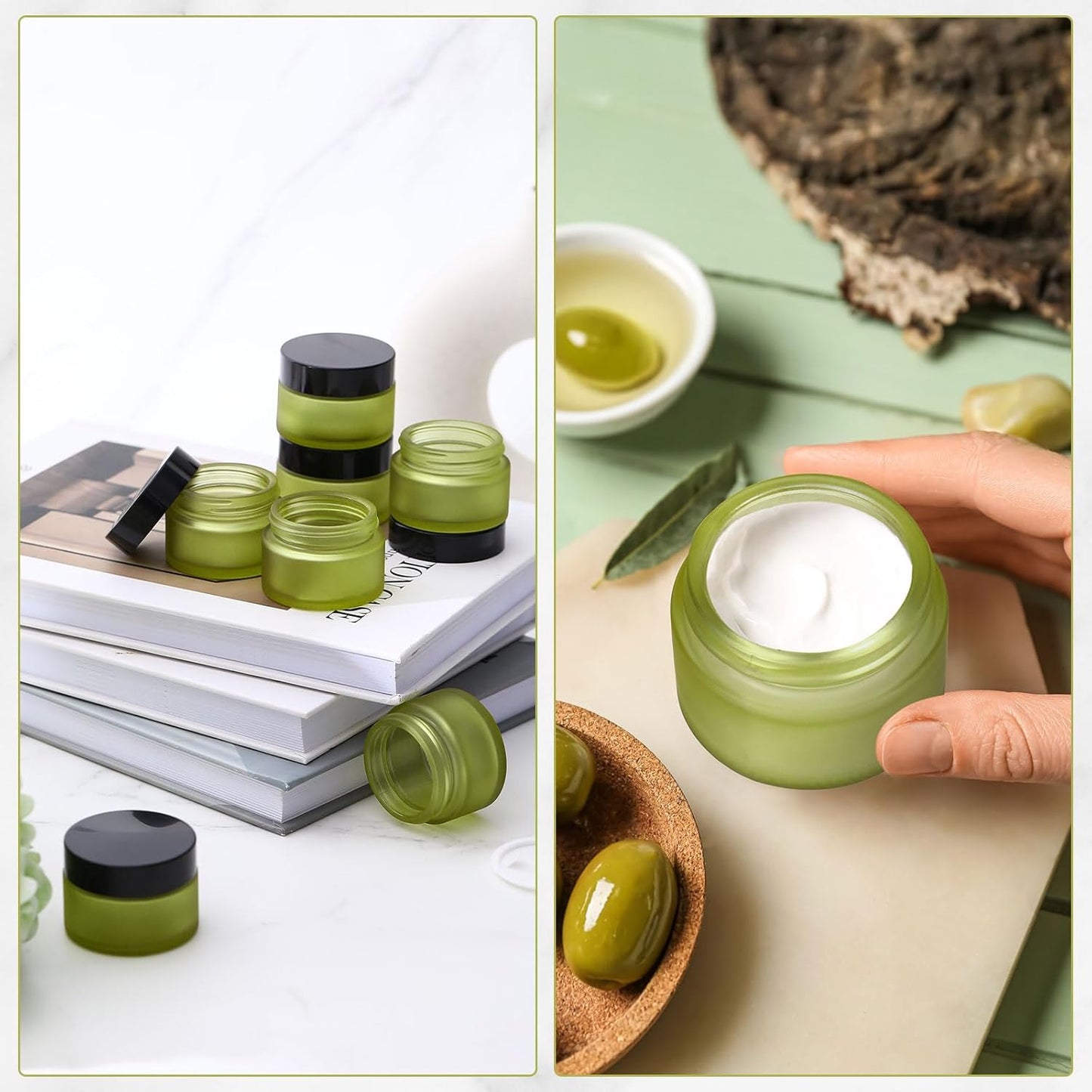 Domensi 100 Pcs 1 oz Glass Jars with Lids Bulk Round Glass Cosmetic Jars Lids 1 oz Small Travel Containers with Inner Liner for Lotions Powders Ointments Sample Cream(Bean Green,Black)-BrightBean Baby