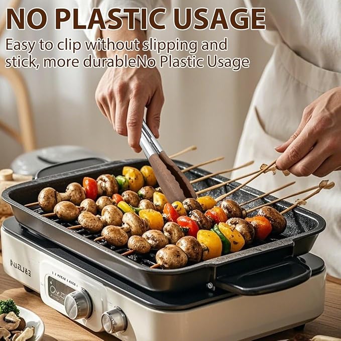 Wooden Tongs for Cooking & Serving Food, Stainless Steel Salad Tongs with Walnut Wood Tip, Anti-Slip Long Handle Wooden Kitchen Tongs Heat Resistant, Smooth Locking & Hanging Cooking Utensils Set of 2