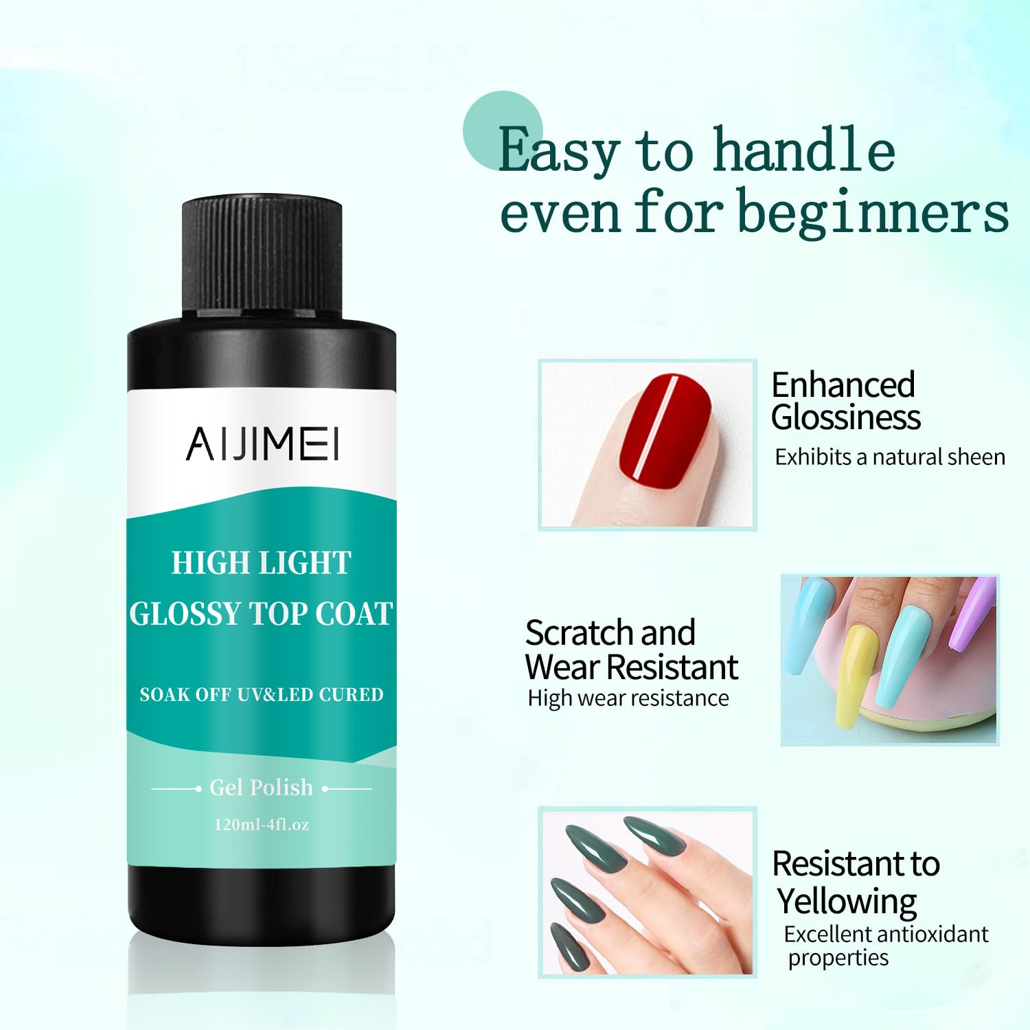 AIJIMEI 120ml High Shine Glossy Top Coat for Nails Long Lasting, Smooth TopCoat, High Light Glossy Top Coat for DIY Nail Art Use Enhance Your Manicure with Brilliant Reflection 4 Fl Oz-BrightBean Baby
