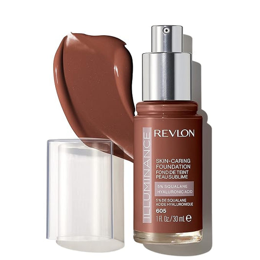 Revlon Illuminance Skin-Caring Liquid Foundation, Hyaluronic Acid, Hydrating and Nourishing Formula with Medium Coverage, 605 Rich Mahogany (Pack of 1)-BrightBean Baby