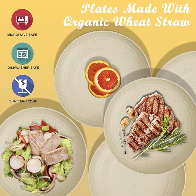 Wrova Wheat Straw Plates - 8 Inch Unbreakable Dinner Plates Set of 8 - Dishwasher & Microwave Safe Plastic Plates Reusable - Lightweight Small Plates for kitchen,R.V. (Beige)