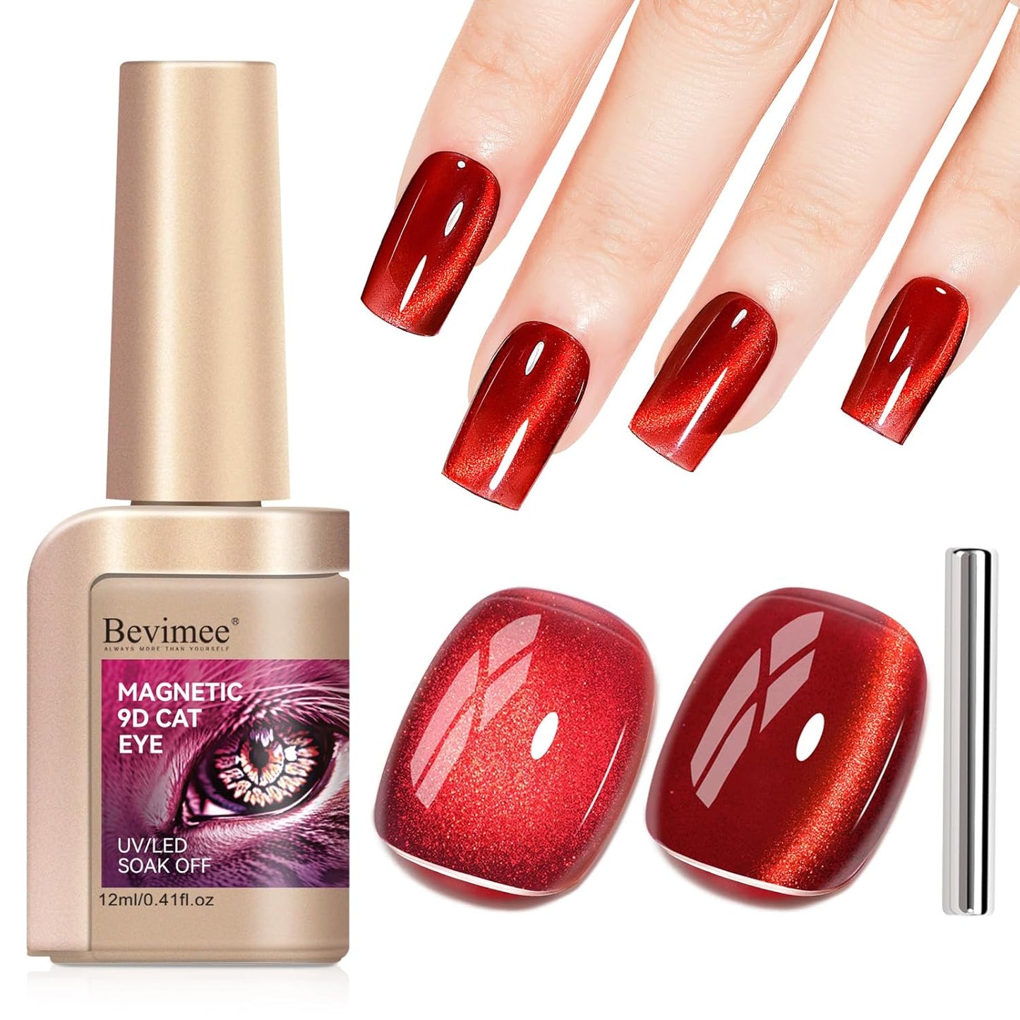 Cat Eye Magnetic Gel Nail Polish, Red Nail Polish Color Burgundy Red Moonlight UV Glitter Holographic With Magnet Manicure Salon DIY At Home-BrightBean Baby