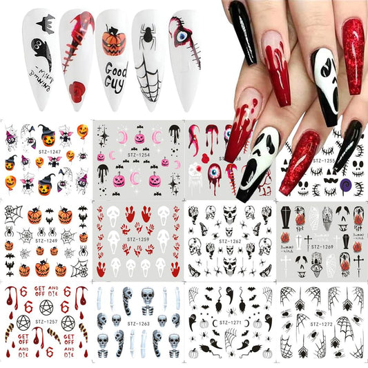 12 Sheets Halloween Nail Art Sticker Decals Horror Water Transfer Nails Foils Pumpkin Ghost Skull Spider Blood Evil Eye Halloween Design Nail Art Decoration Nail Slider Decal for Women DIY Nail Supply-BrightBean Baby