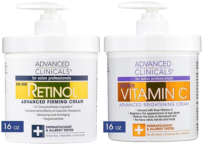 Advanced Clinicals Retinol Body Lotion + Brightening Vitamin C Cream 2pc Skin Care Set | Skin Tightening Body Moisturizer & Face Lotion | Crepey Skin Care Treatment | Skin Care Products, 2pc Set-BrightBean Baby
