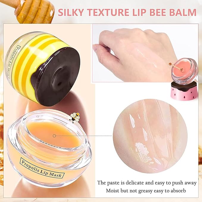 2 PCS Bee Lip Balm Honey Pot, Watermelon & Strawberry Sleeping Lip Mask Overnight, Hydrating Prevention Dry and Cracked Lip Scrub, Reduces Lip Lines, Brightening Lip Color-BrightBean Baby