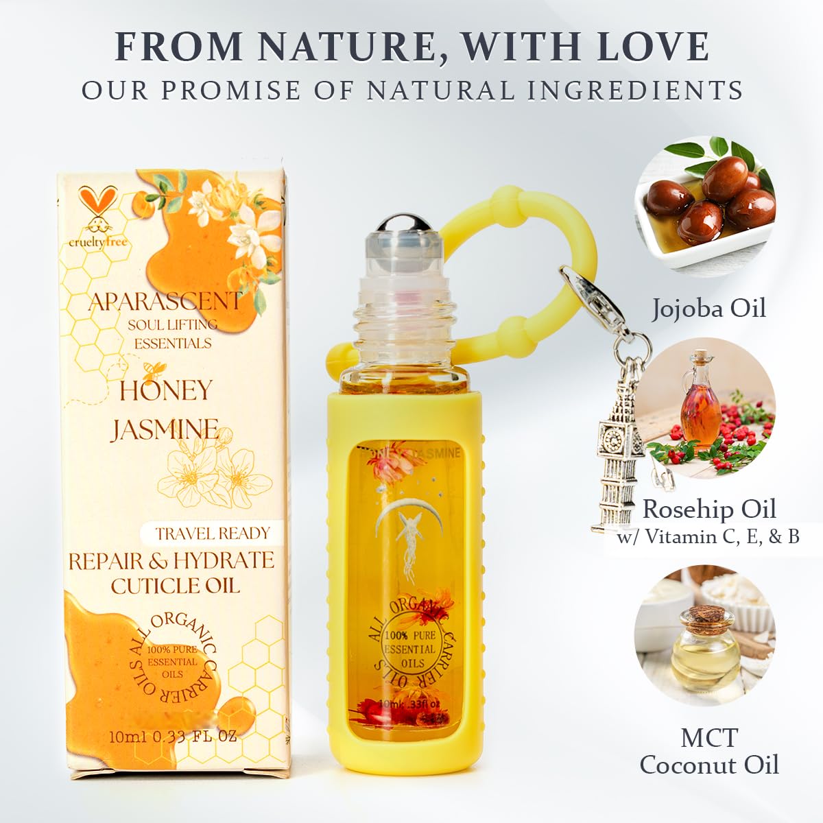 Honey Jasmine Organic Nail Cuticle Oil Pen with Jojoba, Coconut MCT, and Rosehip for Nail Hydration, Growth & Strength, Travel Size Keychain(0.34 Fl Oz)-BrightBean Baby