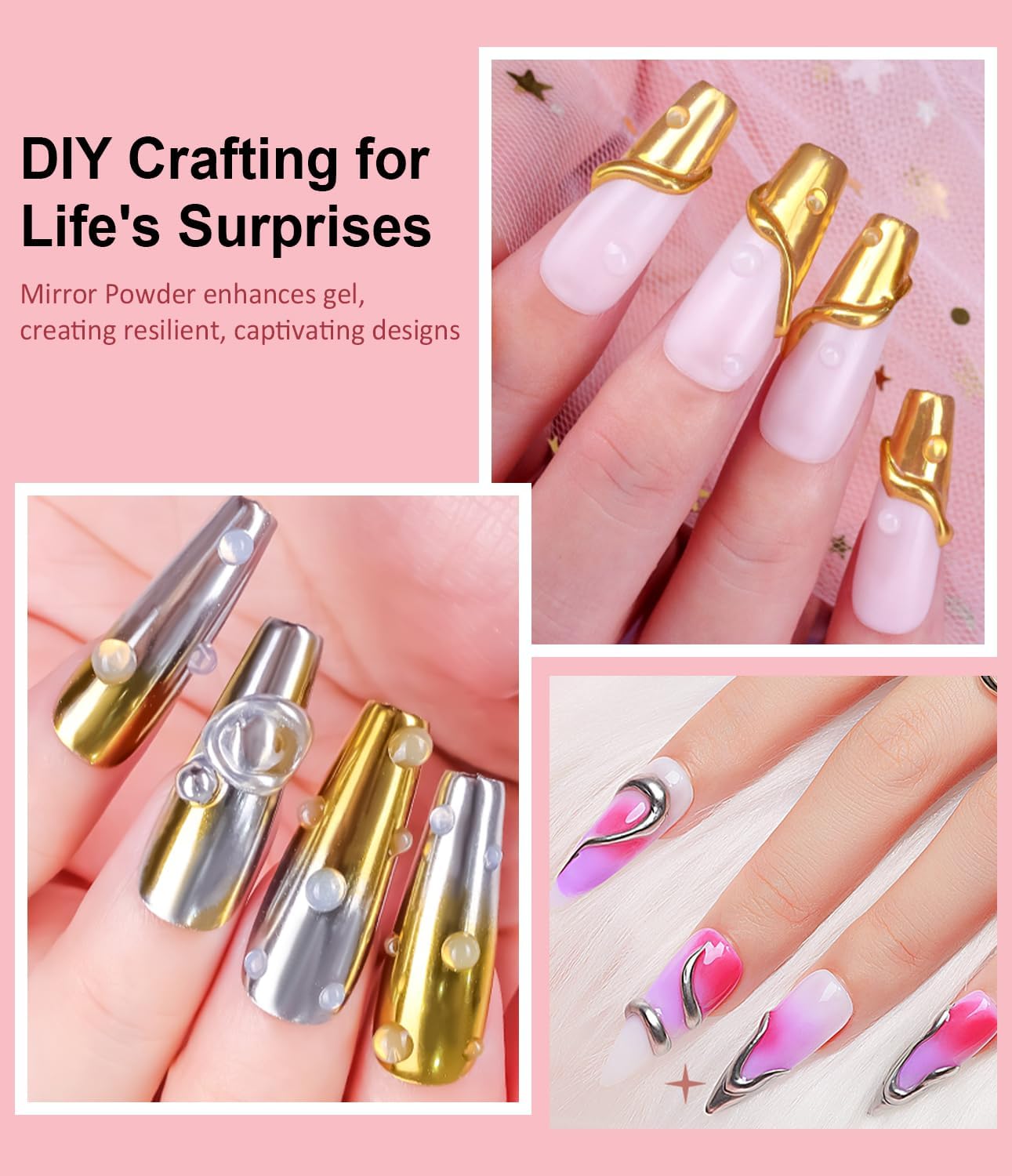 3D Gel Nail Art Design BISHENGYF - 15g Clear No Wipe Nail Polish Rhinestone Nail Art Glue with White Silver Chrome Powder Metallic Mermaid Effect Nail Powder for Nail DIY-BrightBean Baby