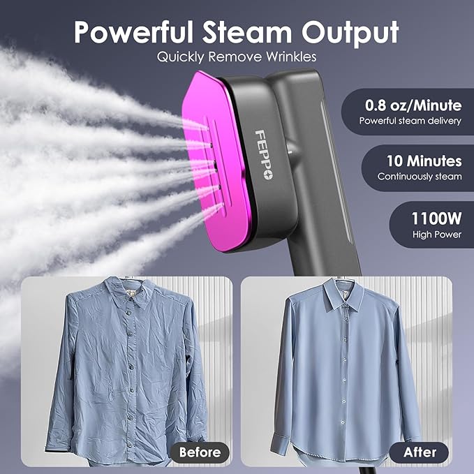 FEPPO Travel Steamer for Clothes, 110-240V Dual Voltage Portable Mini Steamer & Iron 2in1, 1100W Powerful Garment Steamer, Fast Heat Up, Travel Size, HD Display, for Home & Global & Europe Travel-BrightBean Baby